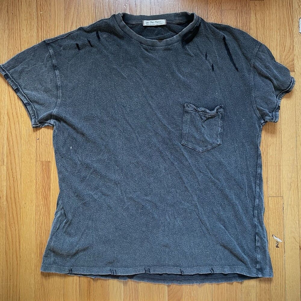 We the Free Top Womens M Black Gray Rubi Tee Distressed Pocket Tee Shirt Grunge